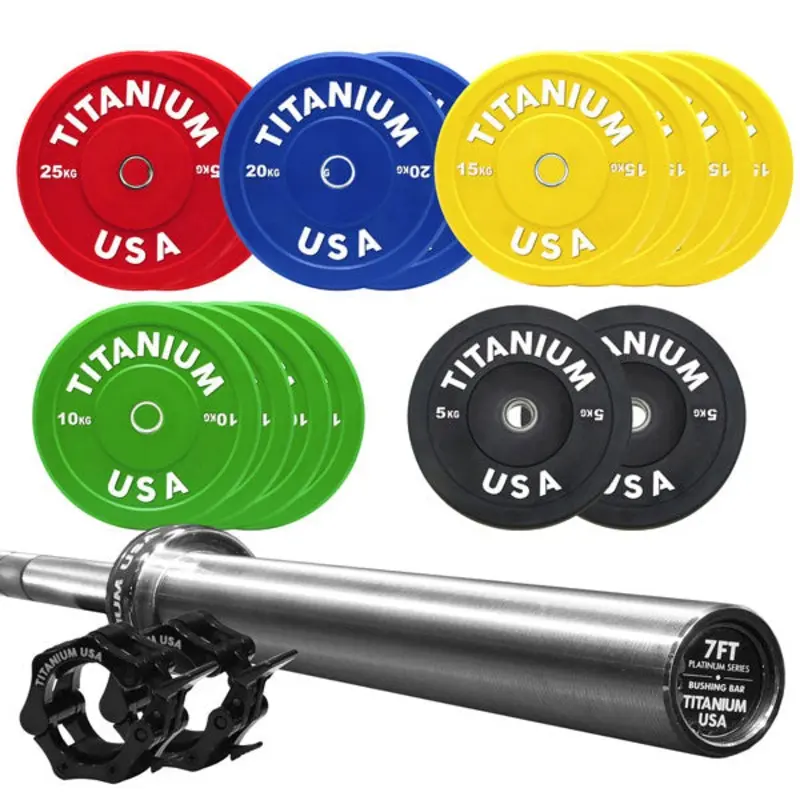 TITANIUM USA 220KG BUMPER PLATE AND PLATINUM SERIES 7FT BARBELL PACKAGE