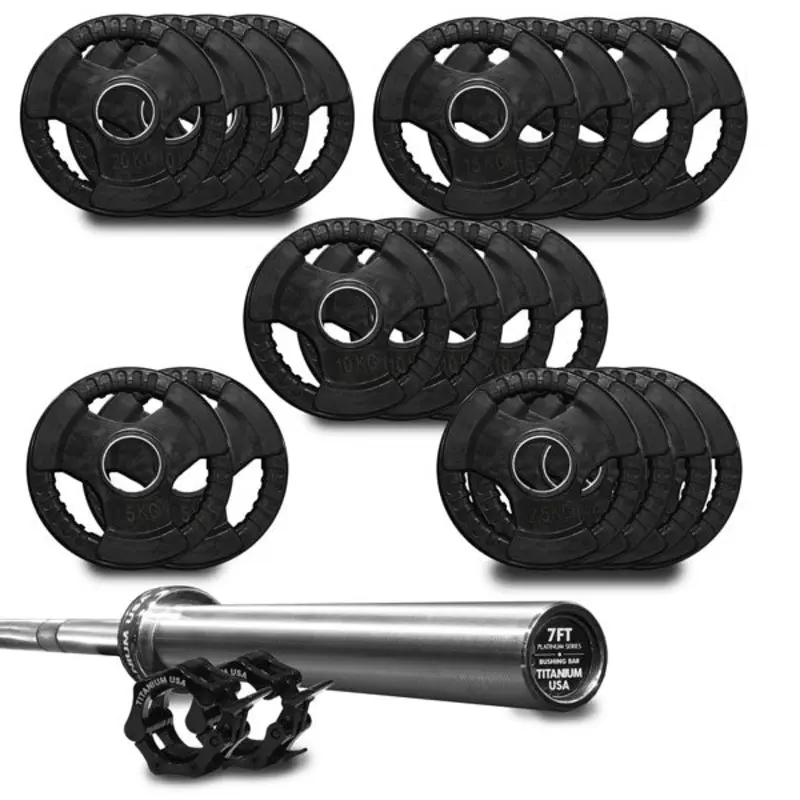 TITANIUM USA 220KG RUBBER COATED WEIGHT PLATE AND BARBELL PACKAGE