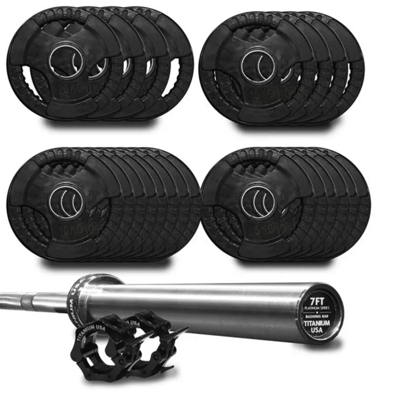 TITANIUM USA 270KG RUBBER COATED WEIGHT PLATE AND BARBELL PACKAGE