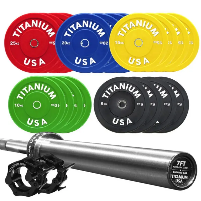 TITANIUM USA 320KG BUMPER PLATE AND PLATINUM SERIES 7FT BARBELL PACKAGE