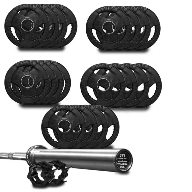 TITANIUM USA 320KG RUBBER COATED WEIGHT PLATE AND BARBELL PACKAGE
