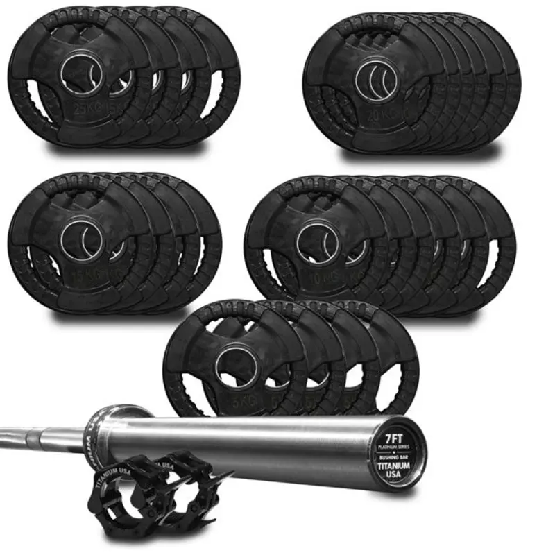 TITANIUM USA 380KG RUBBER COATED WEIGHT PLATE AND BARBELL PACKAGE