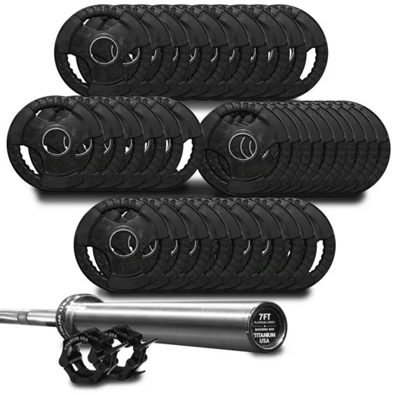 TITANIUM USA 460KG RUBBER COATED WEIGHT PLATE AND BARBELL PACKAGE