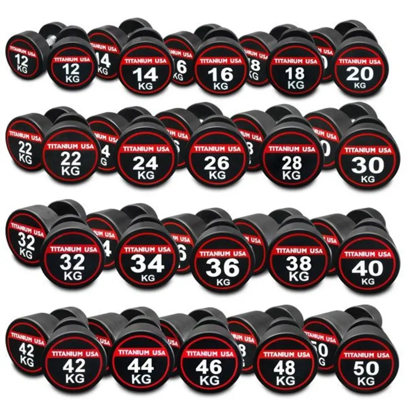 TITANIUM USA POLYURETHANE (PU) DUMBBELL SET 12 TO 50KG - 20 PAIRS