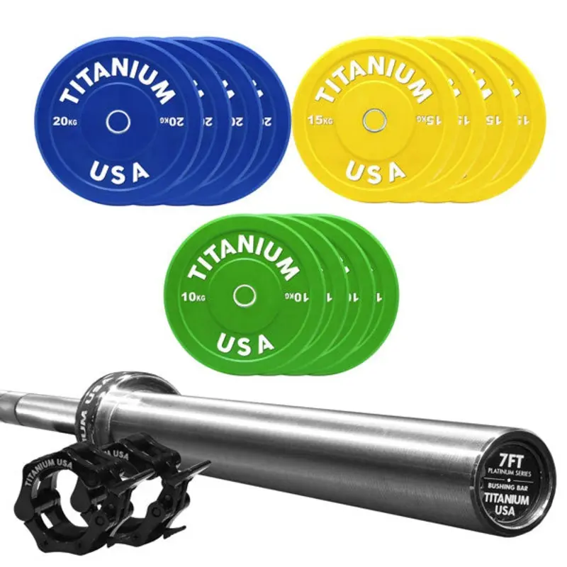 TITANIUM USA 200KG BUMPER PLATE AND PLATINUM SERIES 7FT BARBELL PACKAGE