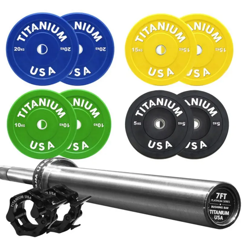 TITANIUM USA 120KG BUMPER PLATE AND PLATINUM SERIES 7FT BARBELL PACKAGE