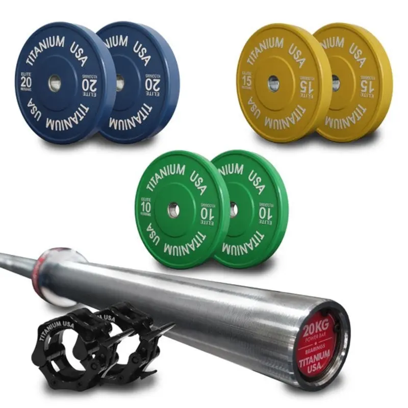 TITANIUM USA 110KG ELITE SERIES BUMPER PLATE AND POWER BARBELL PACKAGE