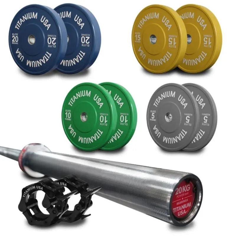 TITANIUM USA 120KG ELITE SERIES BUMPER PLATE AND POWER BARBELL PACKAGE