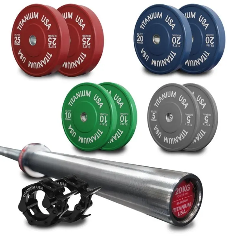 TITANIUM USA 140KG ELITE SERIES BUMPER PLATE AND POWER BARBELL PACKAGE