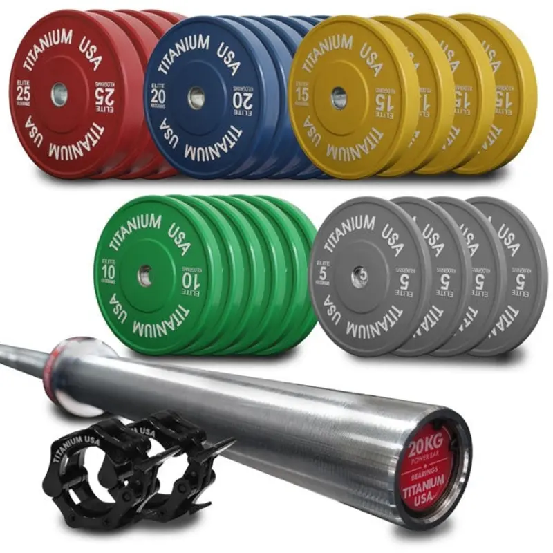 TITANIUM USA 380KG ELITE SERIES BUMPER PLATE AND POWER BARBELL PACKAGE