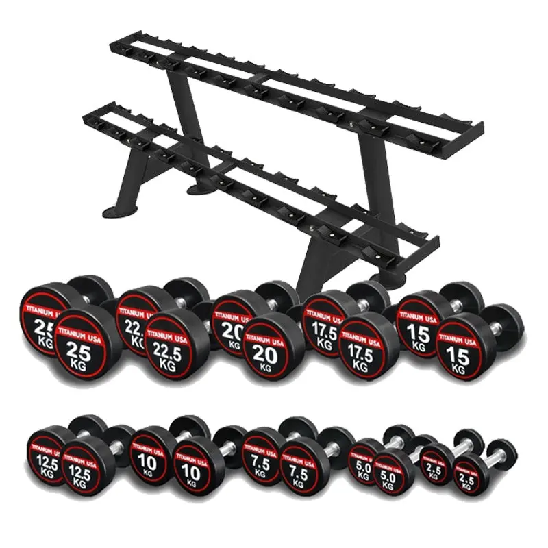 TITANIUM USA 2.5 TO 25KG POLYURETHANE DUMBBELL SET WITH RACK