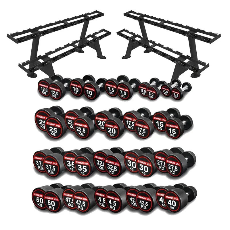 TITANIUM USA 2.5 TO 50KG POLYURETHANE DUMBBELL SET  WITH RACKS